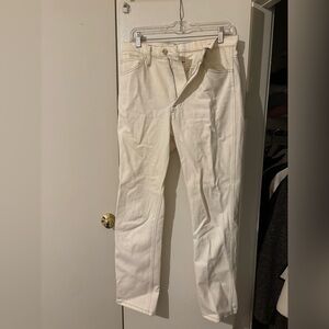 Frame straight leg white jeans with brown stitching